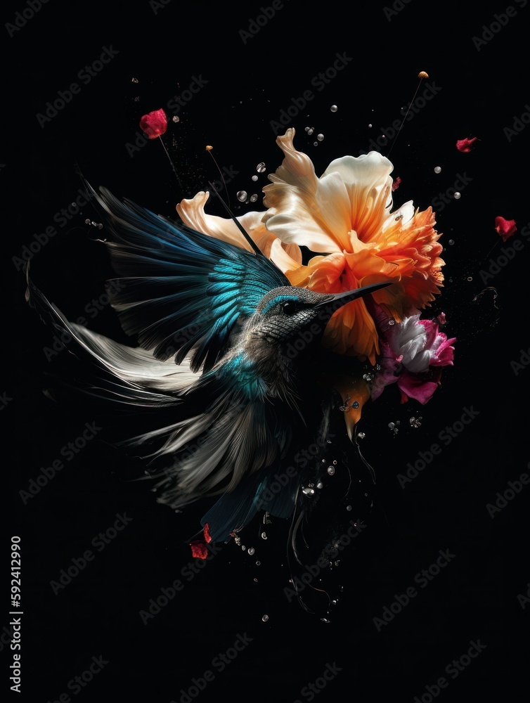 fine art colobri bird in a explosion of flowers and colors generative ai