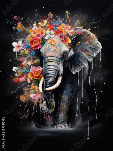 elephant in a explosion of flowers with a lot of colours generatieve ai