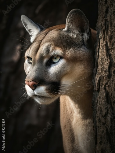 cougar cat beautiful with flowers in the forest portrait close up generatieve ai