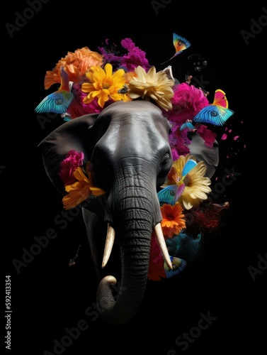 elephant with a explosian of flowers and colours generatieve ai photo