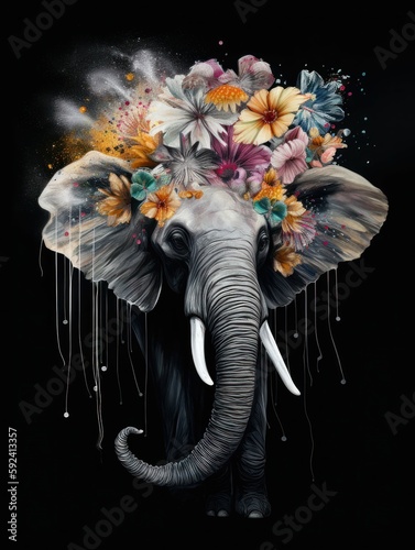 elephant with a explosian of flowers and colours generatieve ai photo