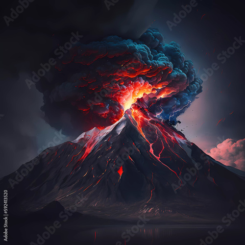 Volcano on fire. smoke. Eruption. Fire lava. Generative AI