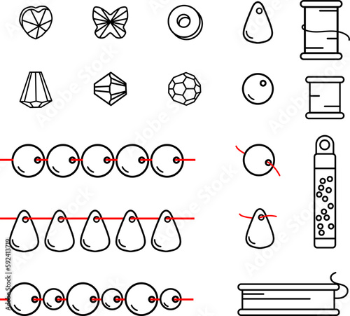 Set of vector icons about jewelry making. Pressed and faceted beads of various shapes. Beads separately and strung on string, threads in coils, jewelry string. Isolated signs handmade theme