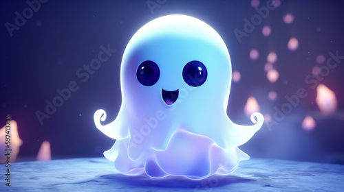 Cute cartoon white ghost with big eyes flying in the air on with twinkling lights background. Generated AI