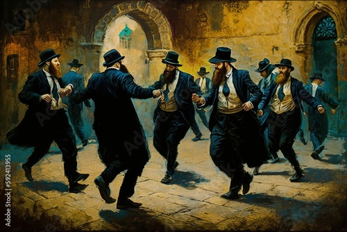 AI Generative of dancing jewish chassidim in Jerusalem photo
