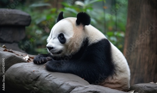  a panda bear sitting on top of a rock next to a tree trunk in a zoo exhibit at a zoo in china  looking to its left.  generative ai