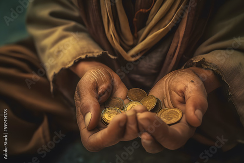 Print op canvas Poor beggar hungry child boy ragged in torn clothes with an outstretched hand and a small change of a coin on the streets of a tourist city