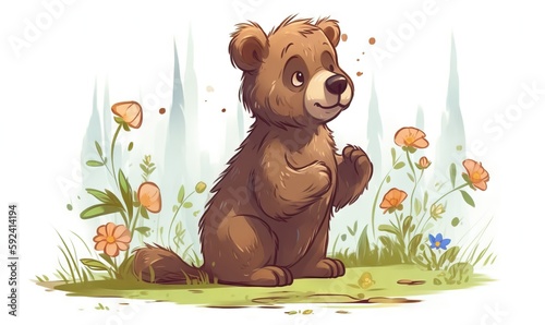  a brown bear sitting in a field of flowers and grass with trees in the background and a sky with clouds in the background and a few butterflies. generative ai