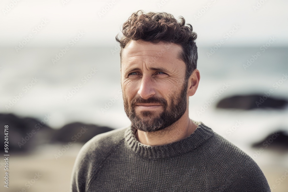 Portrait of handsome man with beard looking at camera on the beach Portrait of handsome man with beard looking at camera on the beach