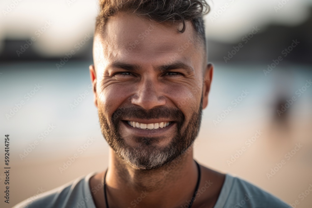 Portrait of smiling man looking at camera on beach in the morning Portrait of smiling man looking at camera on beach in the morning