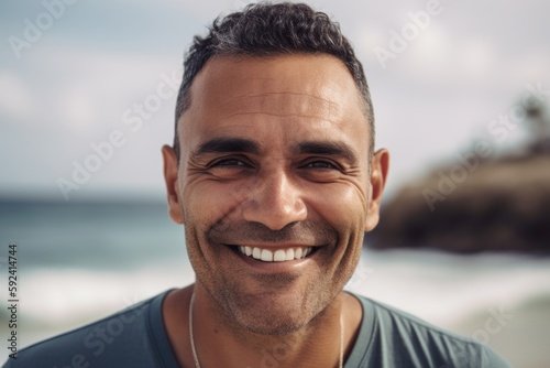 Portrait of handsome man smiling at camera on the beach in the evening