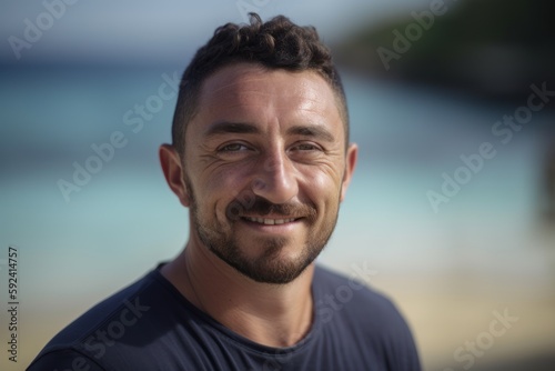 Portrait of smiling man standing on beach with ocean in the background
