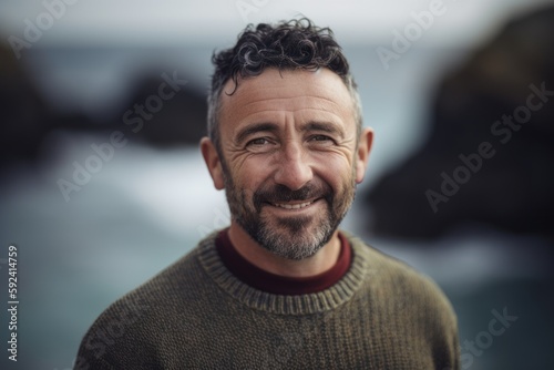 Portrait of a handsome middle aged man with beard smiling at the beach