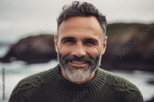 Portrait of handsome mature man with grey beard looking at camera on the beach