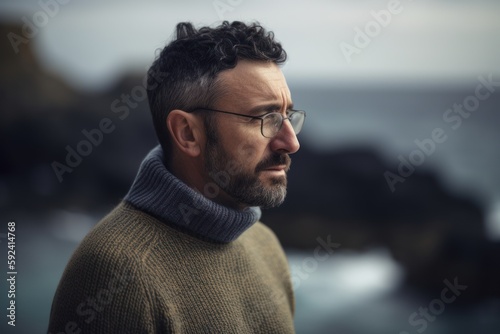 Portrait of a handsome bearded man wearing glasses and a sweater at the beach
