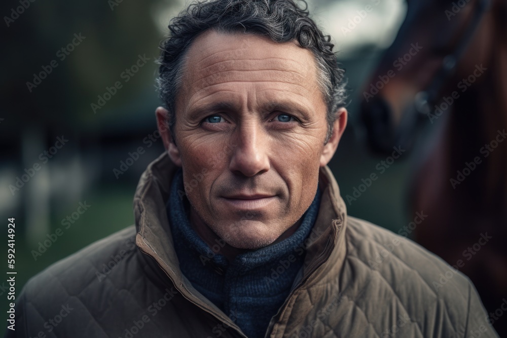 Portrait of a handsome middle-aged man in a park with horses Portrait of a handsome middle-aged man in a park with horses