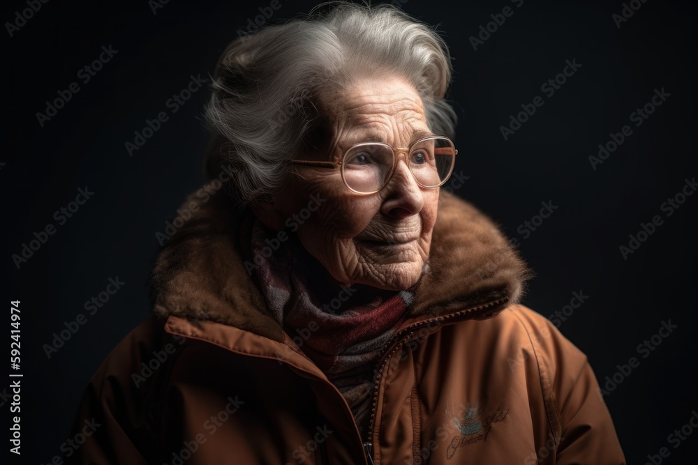 Portrait of an elderly woman in a jacket on a black background Portrait of an elderly woman in a jacket on a black background