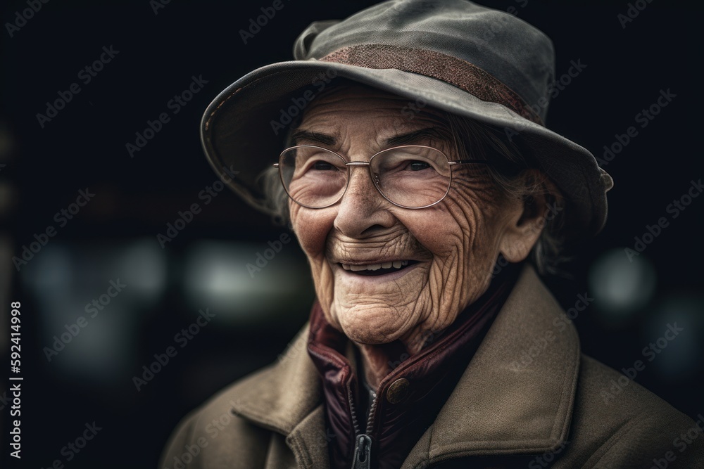 Portrait of an old woman in a hat and coat with a smile Portrait of an old woman in a hat and coat with a smile