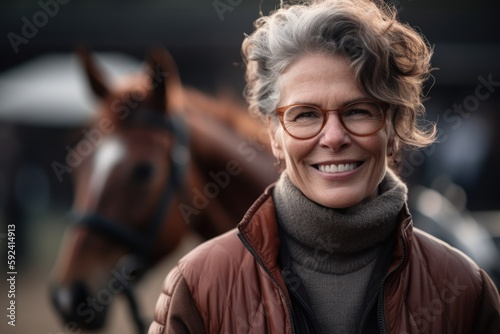 Portrait of a smiling middle-aged woman with her horse.