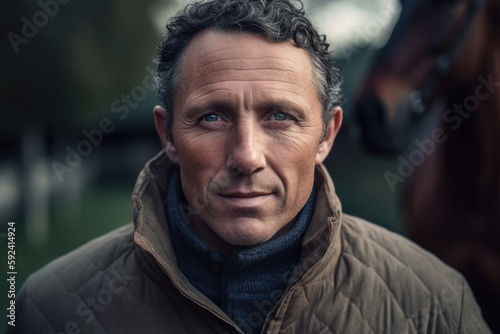 Portrait of a handsome middle-aged man in a park with horses