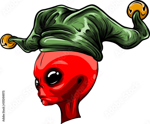 Illustrated color drawing of an alien gray head, face, bust. Vector hand draw design
