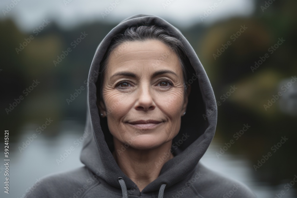 Portrait of a beautiful middle-aged woman in a gray hoodie