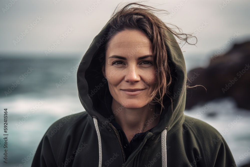 Portrait of a young woman wearing hooded jacket on the beach Portrait of a young woman wearing hooded jacket on the beach