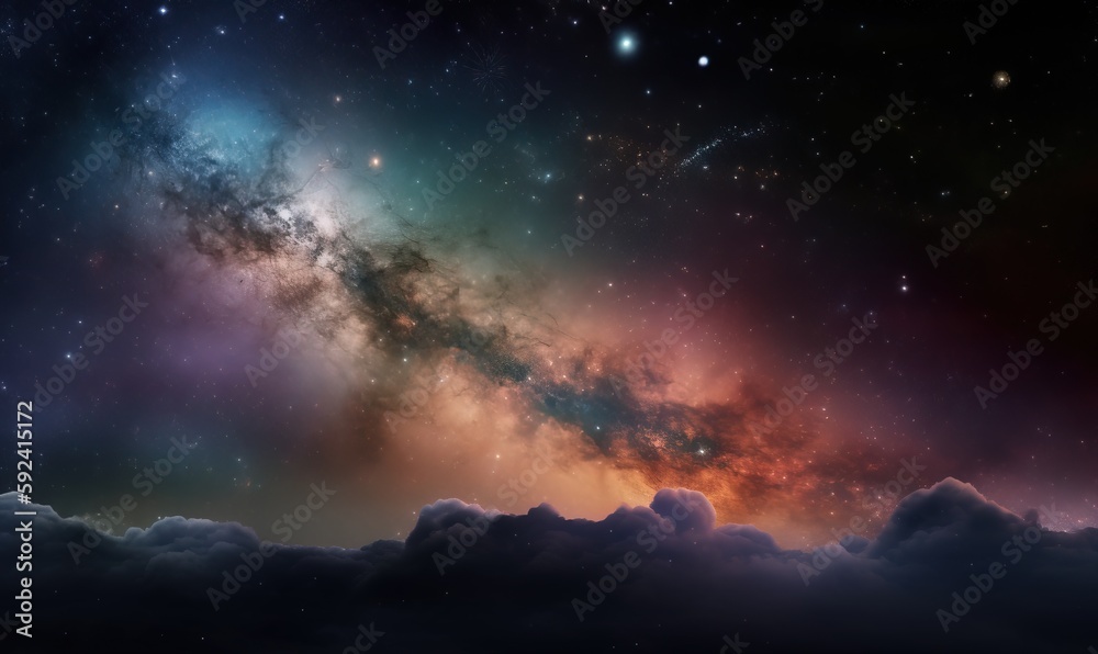  a night sky filled with stars and clouds with a bright orange and blue center surrounded by stars and a dark blue center with a few white clouds.  generative ai