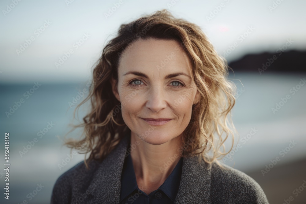 Medium shot portrait photography of a pleased woman in her 40s wearing a chic cardigan against a water or ocean background. Generative AI