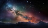  a night sky filled with stars and clouds with a bright orange and blue center surrounded by stars and a dark blue center with a few white clouds.  generative ai