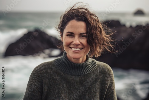 Portrait of a beautiful woman in a green sweater smiling and looking at the camera on the beach © Robert MEYNER