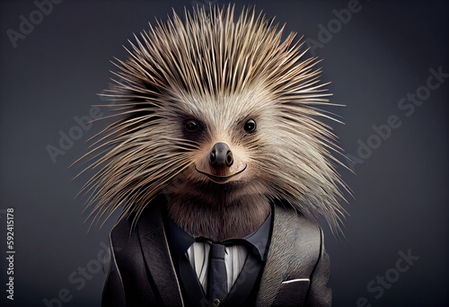 Portrait of a porcupine dressed in a business suit in a studio photo. Generative AI.  photo