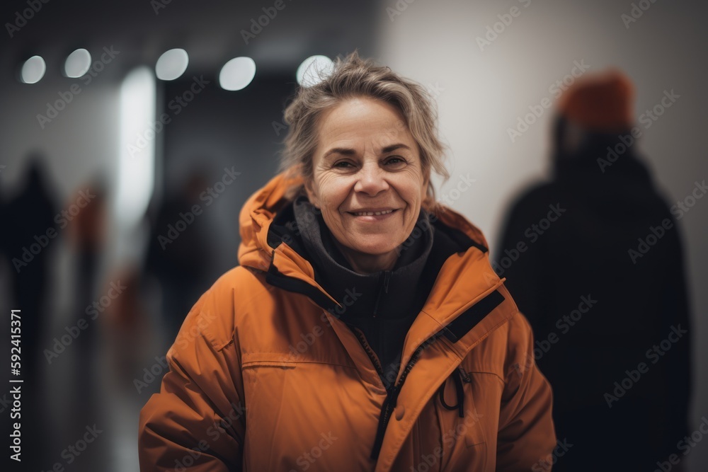 Portrait of a smiling woman in an orange jacket standing in a gallery Portrait of a smiling woman in an orange jacket standing in a gallery