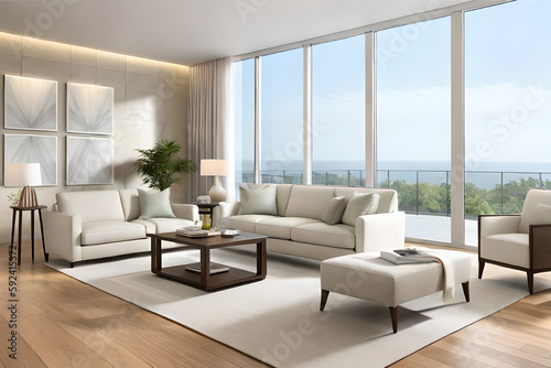 Interior design of a modern  stylish  serene  and calming living room that incorporates soft lighting  muted colors  and minimalist decor   Generative AI