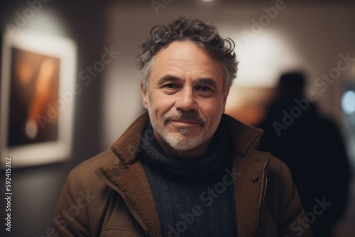 Portrait of a handsome mature man with grey hair in a coat looking at the camera