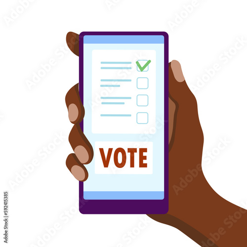 Male  hand holding smartphone  with vote button. Voting paper on phone screen. Political election campaign. Voting online concept