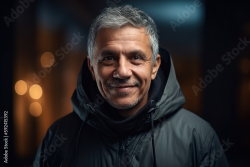 Portrait of a smiling mature man in a black raincoat.