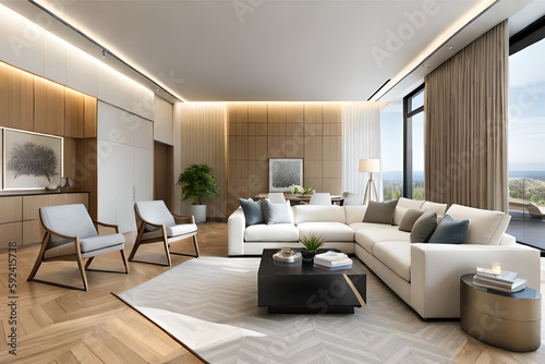 Interior design of a modern  stylish  serene  and calming living room that incorporates soft lighting  muted colors  and minimalist decor   Generative AI