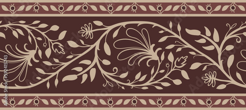 Persian stylized decorative floral border design. Lace embroidery seamless pattern. Fantasy brown edging print with leaves and flowers. Hand drawn oriental fabric. Vector background.