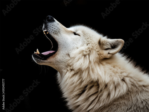 Detailed portrait of a roaring white wolf face, on dark background, generative ai