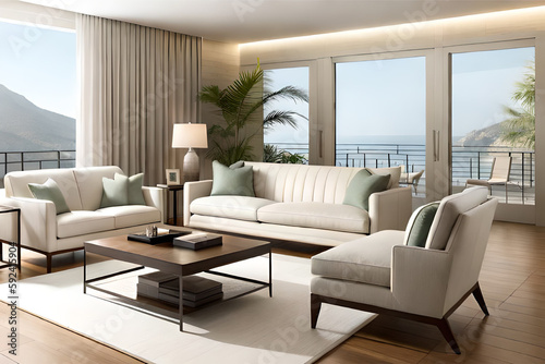 Interior design of a modern, stylish, serene, and calming living room that incorporates soft lighting, muted colors, and minimalist decor   Generative AI © DesignDynasty
