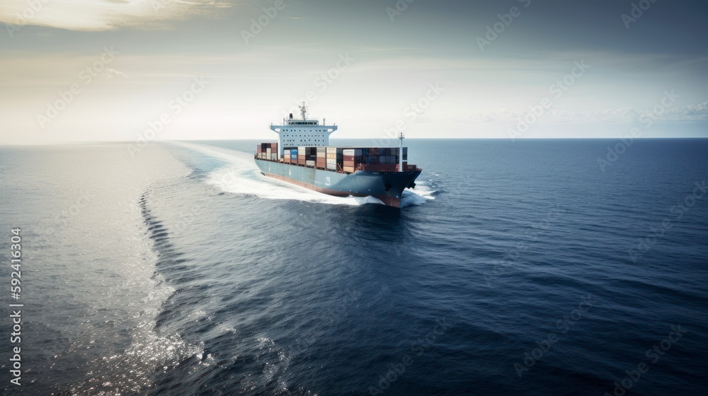 container cargo ship moving at open sea, Global Maritime Commerce: A Look into the Container Shipping Industry, calm relaxing ocean, nice sunny weather 
