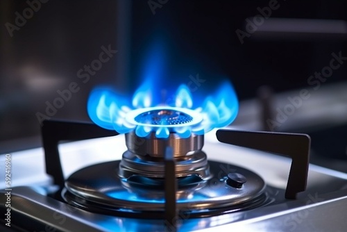 small burner from gas kitchen stove with blue burning flame. Generative AI