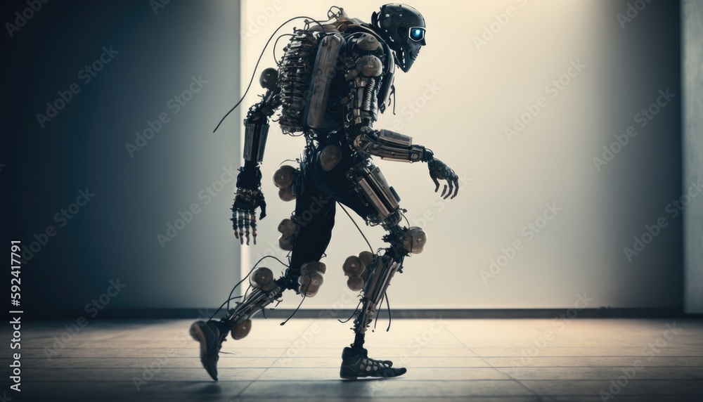Cyborg is walking on down the floor. Artificial intelligence in real life. Droids with legs. Smart systems. Machine robotic technology. Artificial intelligence mechanisms. Generative AI Cyborg is walking on down the floor. Artificial intelligence in real life. Droids with legs. Smart systems. Machine robotic technology. Artificial intelligence mechanisms. Generative AI