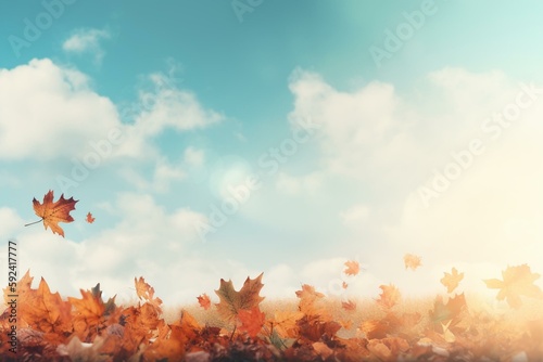 Holiday Background with Fall Leaves blowing in the wind. Cloudy Sky Banner with copy-space. Generative AI