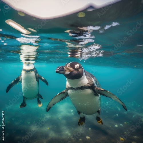 The African penguin (Spheniscus demersus), also known as the Cape penguin or South African pengui, swims in clear blue water. Penguin underwater with bubbles behind the tail. Generative AI