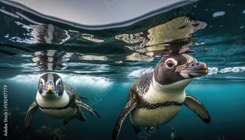 Split shot. A flock of African penguins diving in ocean. Underwater with marine animals. Sun rays passing through the water. half-in, half-out photo of ocean mammals. over-under shot. Generative AI