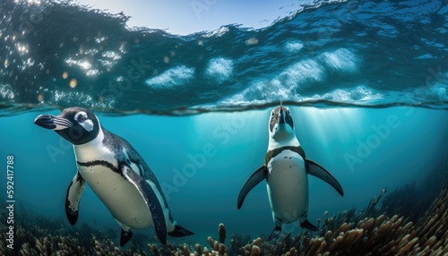 Split shot. Couple of African penguins diving in ocean over sea bottom. marine animals. Sun rays passing through water surface. half-in  half-out photo of ocean mammals. over-under shot. Generative AI