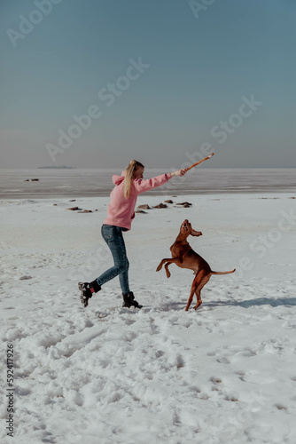 Girl plays with dog with stick in winter