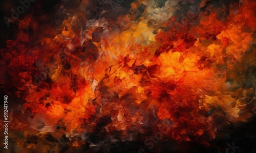  an abstract painting of a red and yellow fire with a black back ground and a black sky in the background and a black sky in the foreground. generative ai